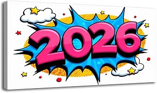 Large Wall Art Prints 20"x40" Colorful Comic Style 2026 Pop Art Explosion Bold Pink Numbers Framed Canvas Wall Art Painting Artwork Poster Picture Wall Decor for Living Room Bedroom Hanging