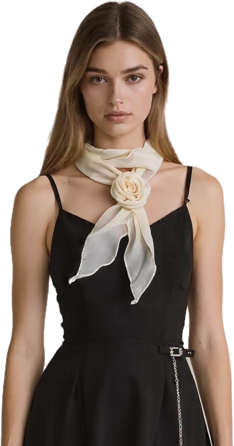 Women's Detachable Rose Flower Chiffon Scarf – Elegant Long Fashion Scarf, Versatile Hair Ribbon & Neck Kerchief