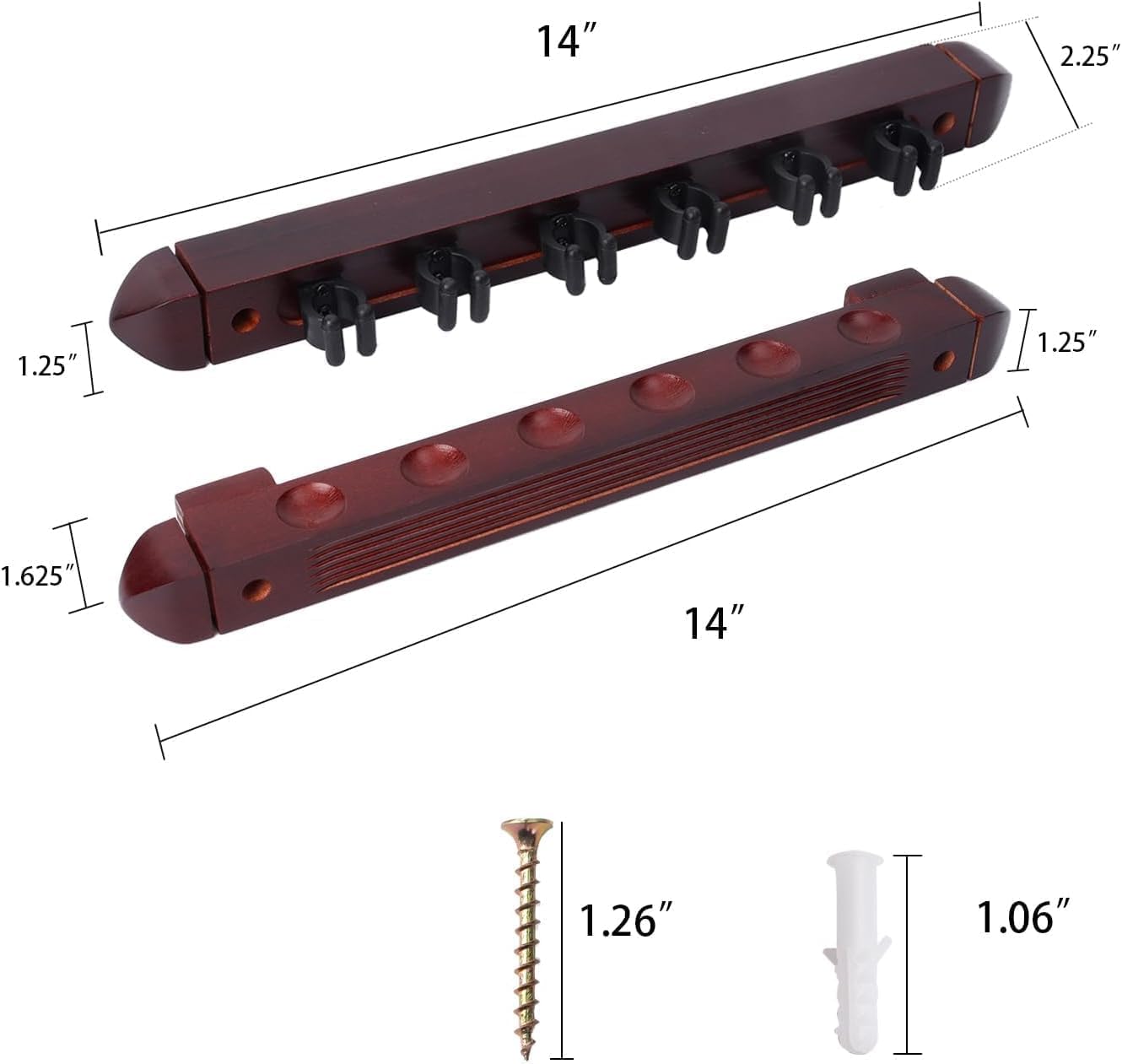 PLAY CITY Wooden cue rack Wall holder Pool Snooker Billiard with 6 clips and accessories 1