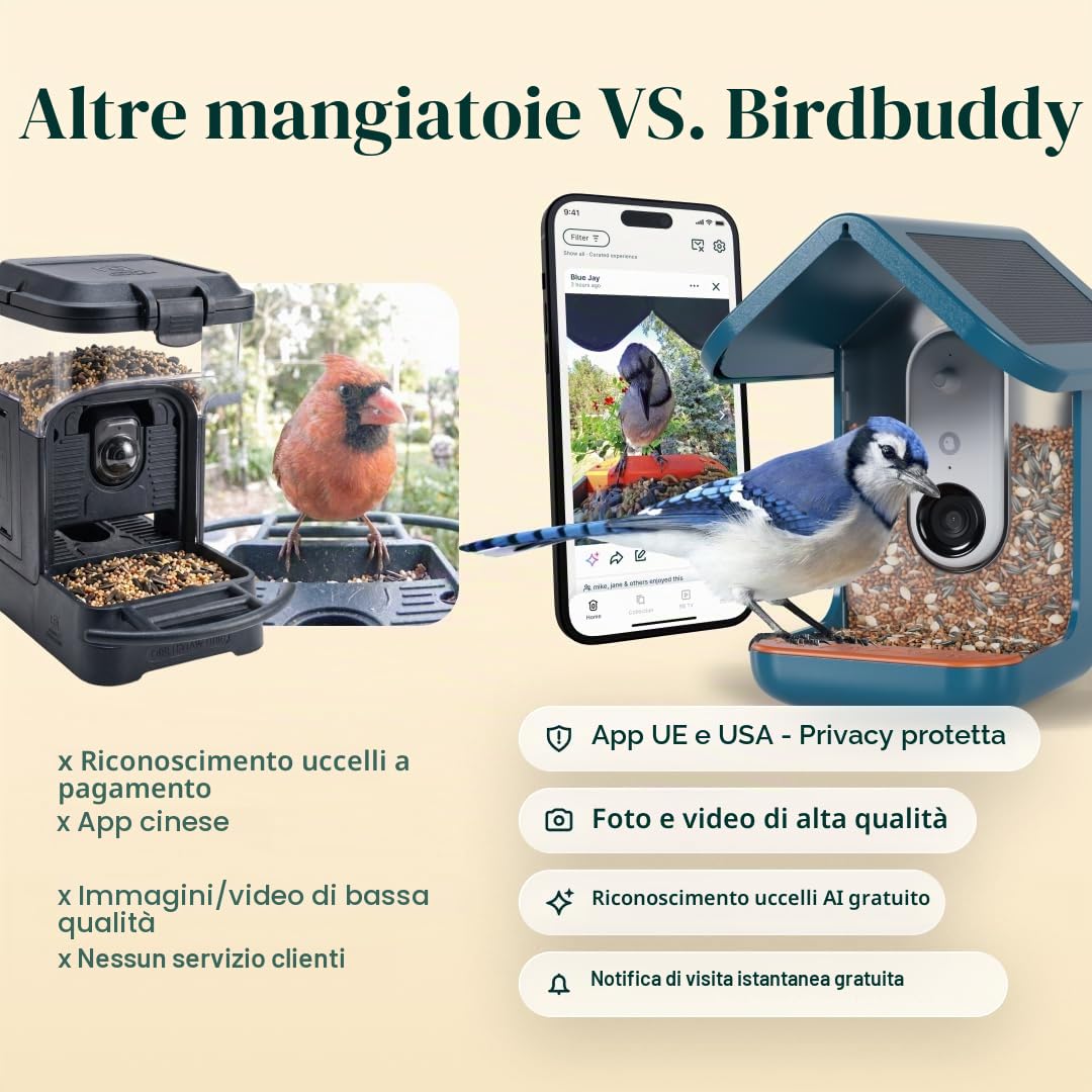 Bird Buddy - Mangiatoia Intelligente per Uccelli Blu con Pannello Solare 2.0