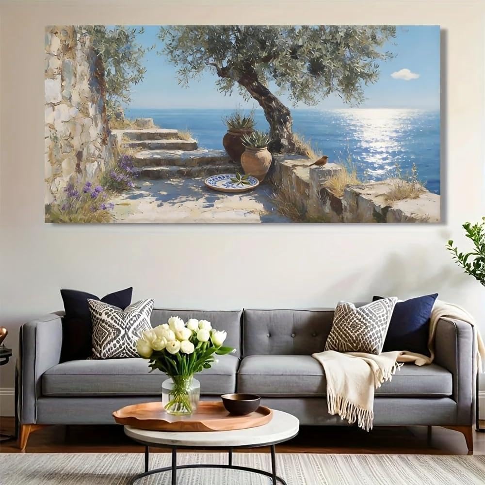 GOSRD Canvas Prints Print Featuring A Coastal Stone Staircase, Olive Tree Potted Succulents Ceramic Plate(40X80cm)