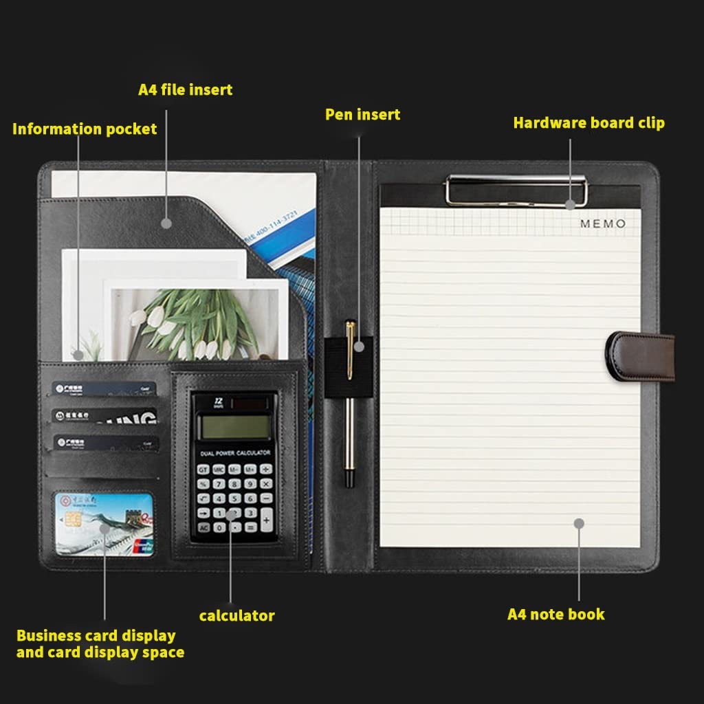 Ledermappe A4 Padfolio-Klemmbrett mit Aufbewahrungsmappe mit nachfüllbarem A4-PU-Leder für Business-Studenten, Büro, Krankenschwester, Vorstellungsgespräch, Lebenslauf, Training