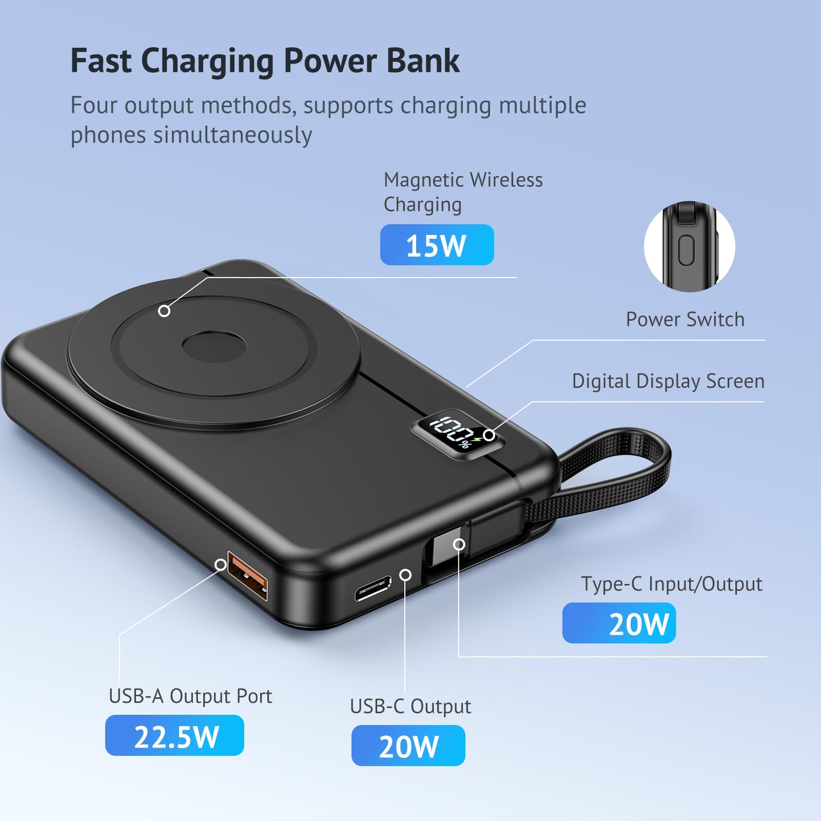 Magnetic Power Bank – Compatible with iPhone 16 15 14 13 Series Wireless Charger 10000 mAh Portable Powerbank Battery Pack Quick Charger External Battery con ingresso e uscita di tipo C, display a LED