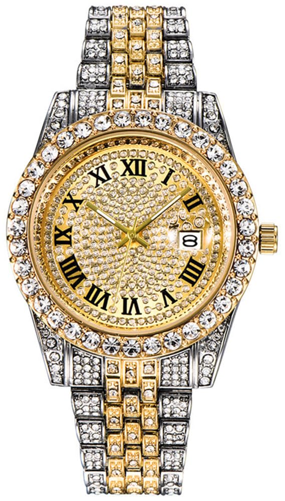 Hip Hop Watches for Men Iced-Out Bling Diamond Luxury Quartz Watches with Date