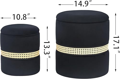 Miniatura 3 de Joveco Juego de 2 otomanas redondas de terciopelo para almacenamiento, reposapiés tapizado, mesa auxiliar con banda tejida para sala de estar y