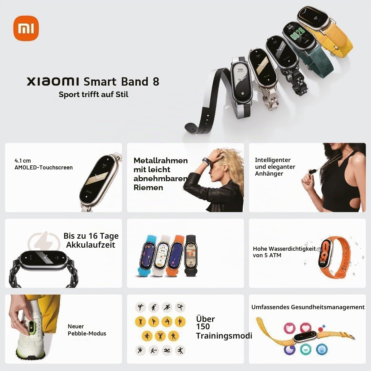 Xiaomi Mi Smart Band 8 Aktivitäts-Armband, AMOLED-Display, Herzfrequenzüberwachung, 190 mAh, 150 + Sportmodi, bis zu 16 Tage Akkulaufzeit, Gold