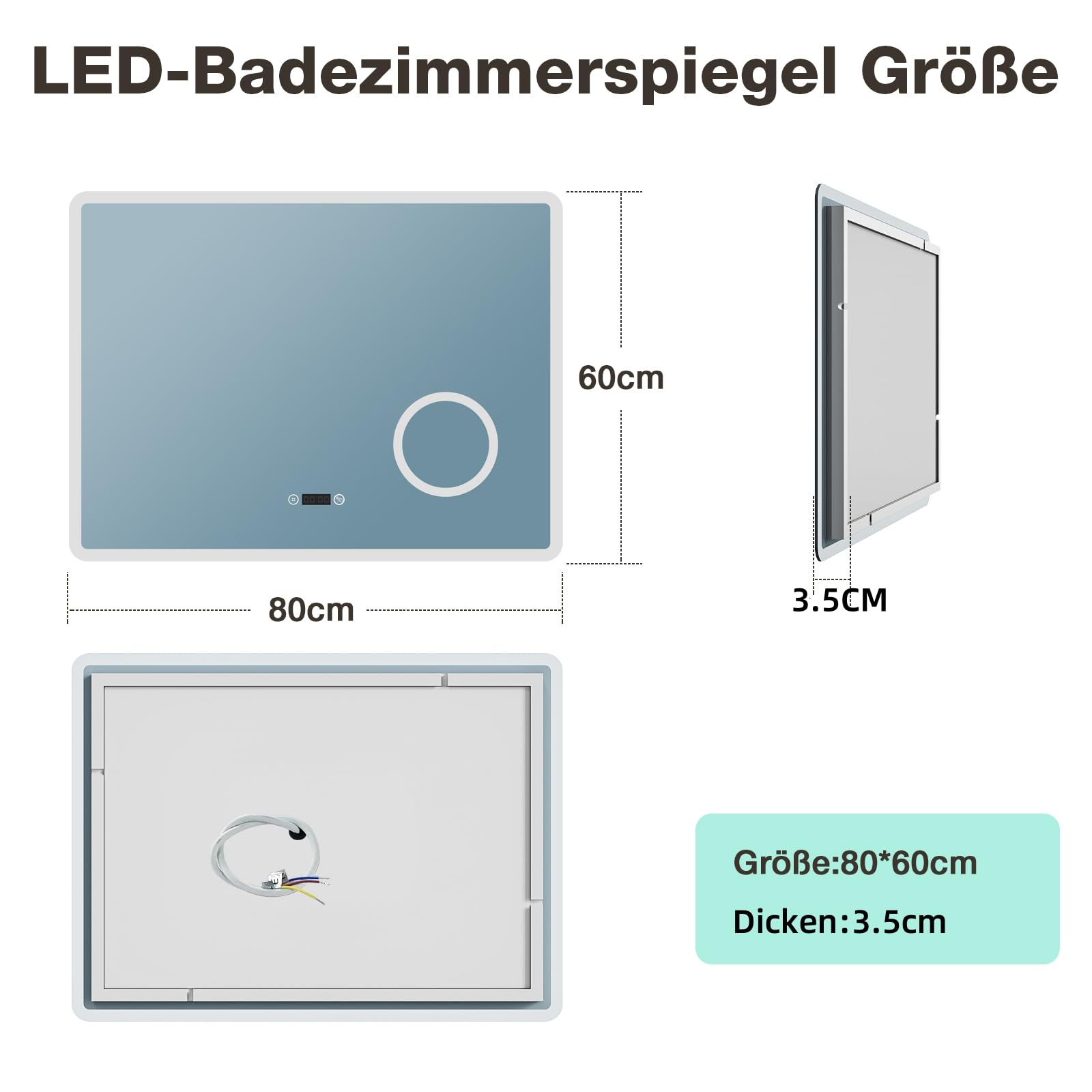 LED Bad Spiegel 80x60 cm mit Beleuchtung, 3 Lichtfarben & Dimmbar, Antibeschlag, Uhr & 3-fache Vergrößerung, Wandspiegel für Badezimmer