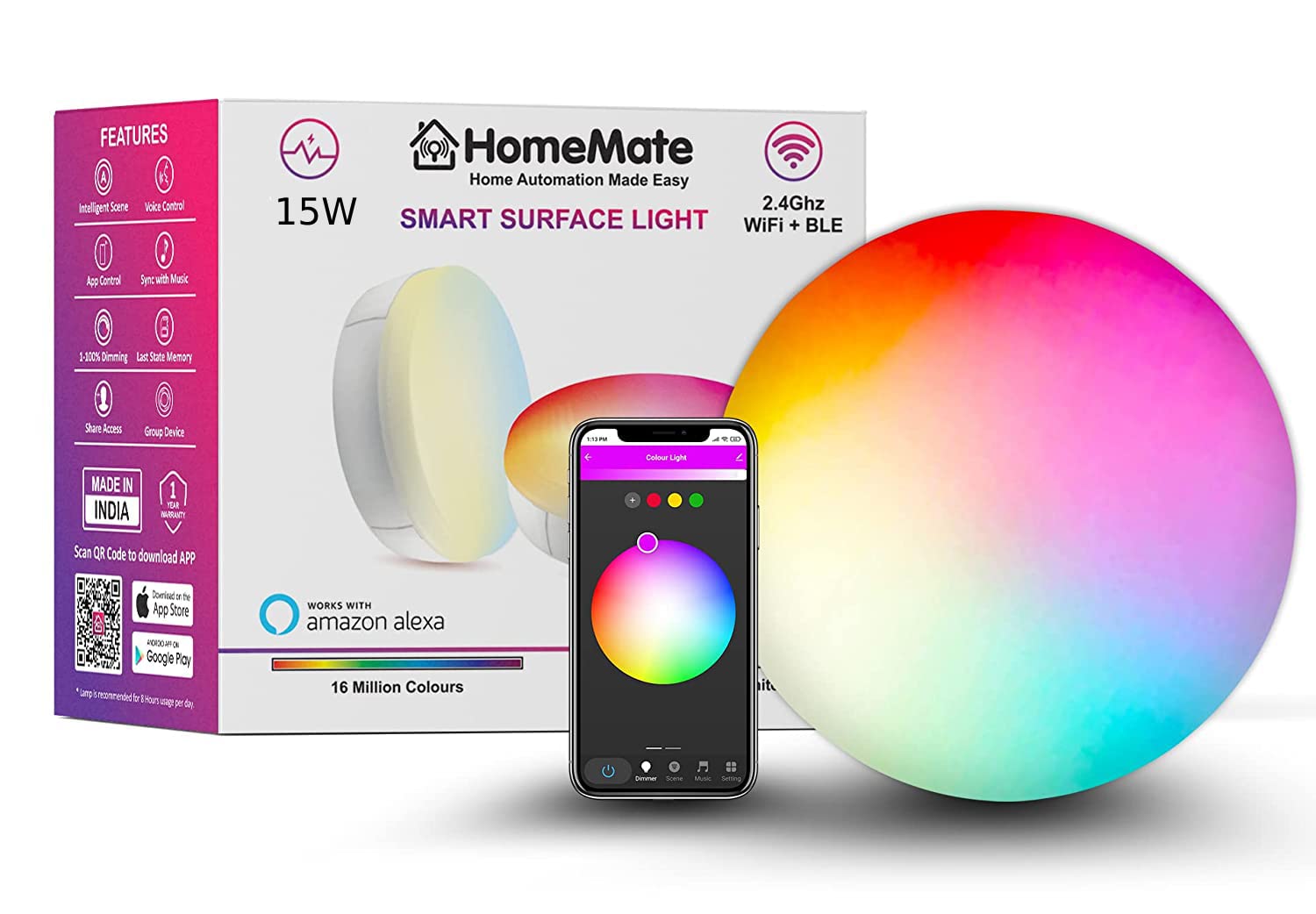 HomeMate WiFi Smart LED Surface Light | 15 Watt | 16 Million Colors + Warm and Cool White | Compatible with Alexa, Google Home & Siri | With Last State Memory Feature (B09N2QHK9L) Amazon Price History, Amazon Price Tracker