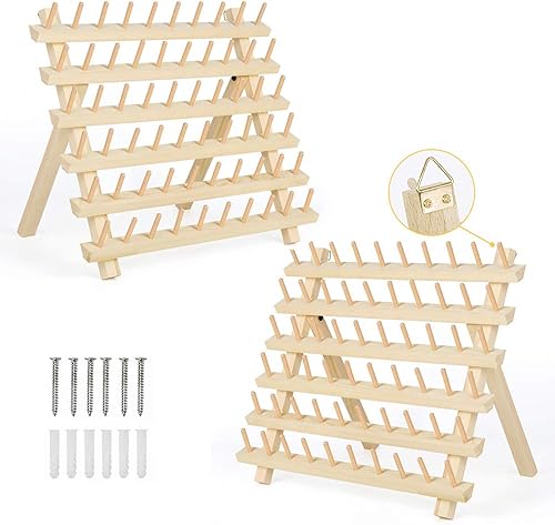 MOOACE 60 soportes de hilo de bobina, paquete de 2 estantes de hilo de madera, organizador de costura con ganchos colgantes para bordar acolchado e