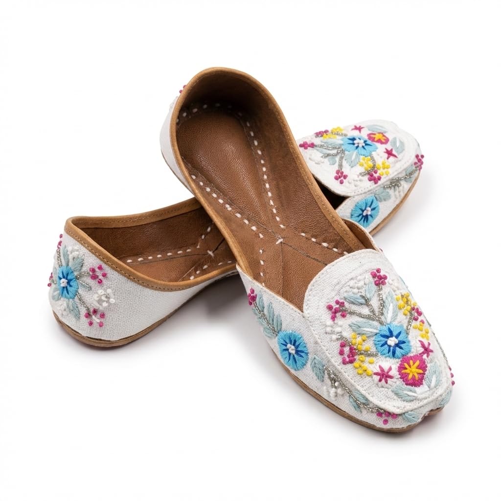 Inaya White Multicolor Embroidered Punjabi Jutti for Women | Handcrafted Floral Boho Detailing with Beaded Accents | Model B1-image-41