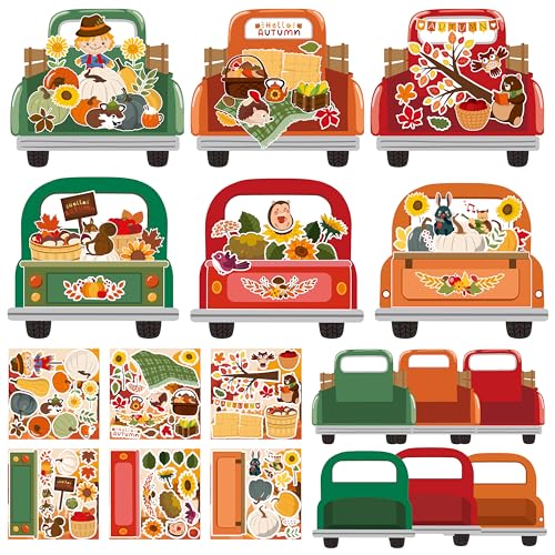CY2SIDE Escena de calcomanías de camión de otoño – 24 calcomanías de Hello Autumn para niños, haz una escena de calcomanías de camión con calabaza y arce, haz tu propio camión de otoño, arte,