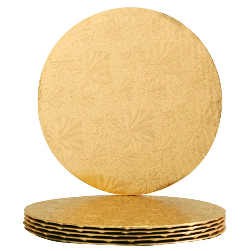 10 inch Gold Round Thin Sturdy Foil Wrapped Corrugated Cake Board Drums for Displaying Cakes, 1/4 inch (6mm) Thick, Pack of 6