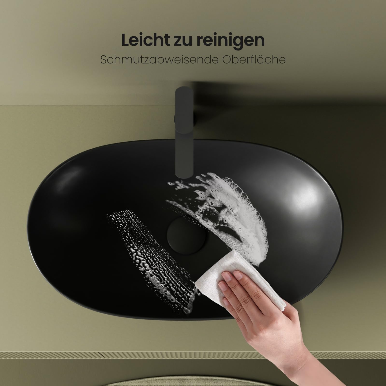 EMKE Aufsatzwaschbecken oval, Keramik Waschbecken Bad 61,9 x 36 x 15,7 cm, Waschtisch Schwarz Matt, Waschschale ohne Hahnloch, Handwaschbecken für Badezimmer und Hotel