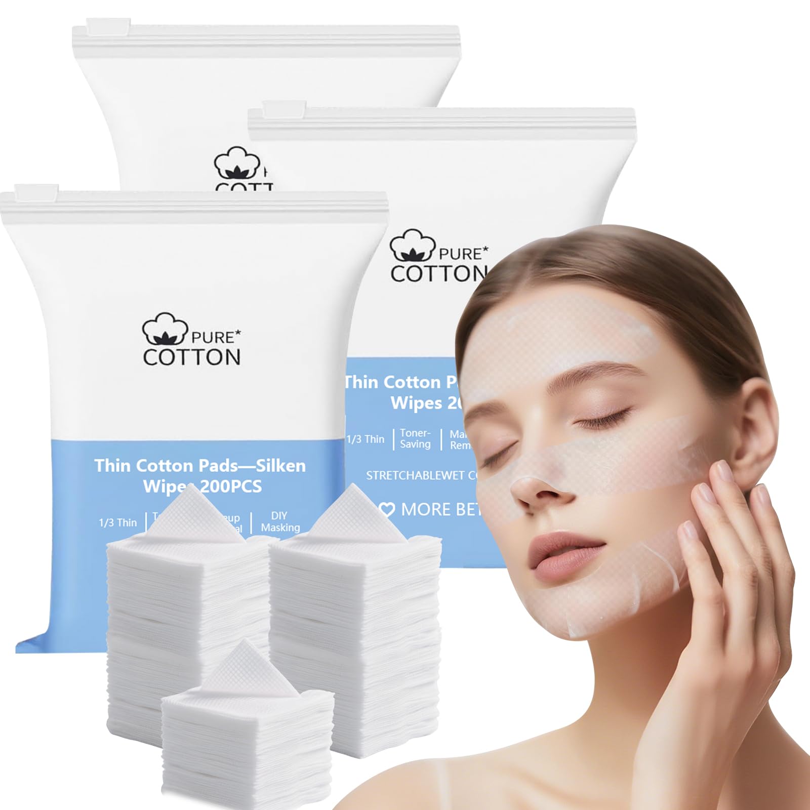 600 PCS Stretchable Makeup Cotton Wipes, Disposable Esthetic Wipe Thin Makeup Cotton Pads Pads for Face, Women Wet Applications Stretchable for Face for Skin Care Makeup 200 Count (Pack of 3)