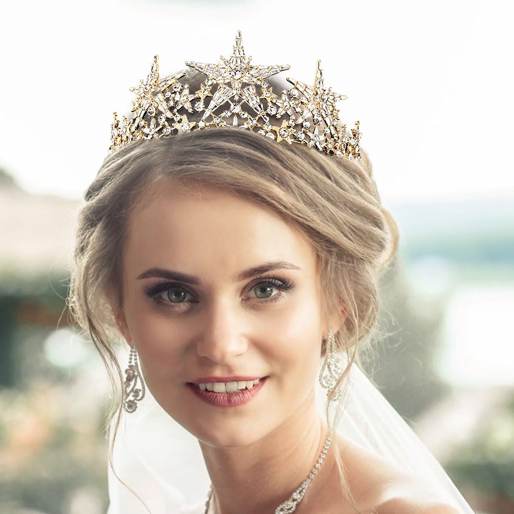 Woeoe Tiara da donna in cristallo con strass dorati, diadema da regina e corona da principessa tiara per costume da festa di compleanno accessori per capelli, METALLO