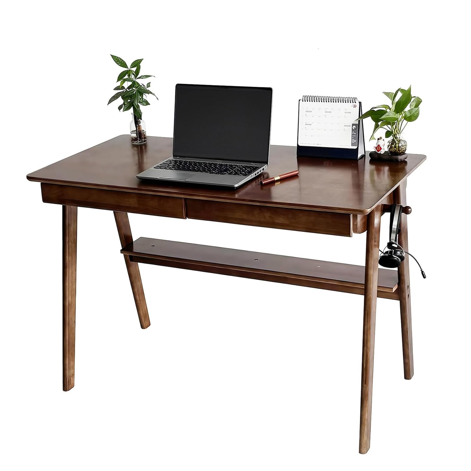 BuyUp Mid-Century 47" Desk Solid Wood Writing Desk with 2 Drawers and Lower Shelf, Home Office Table for Study or Work or Dining with 2 Hanging Rod,