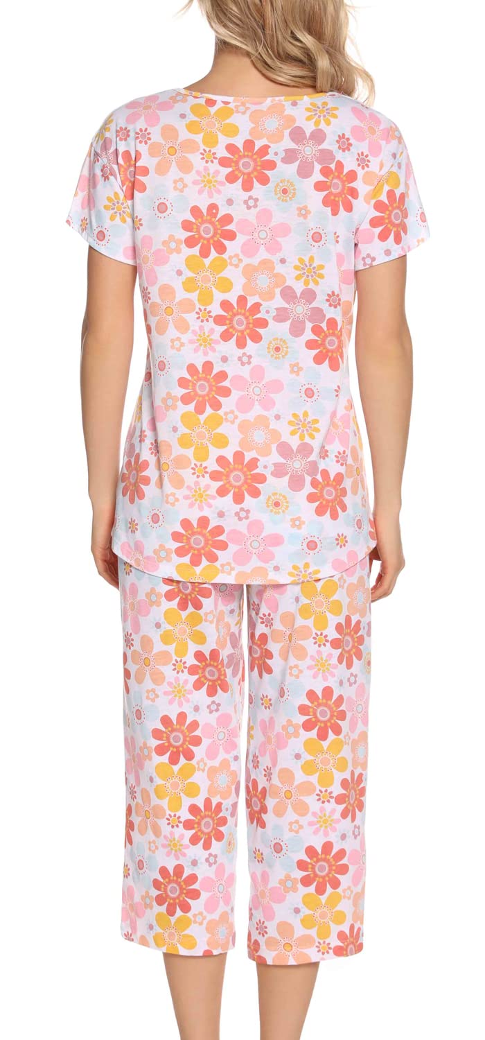 ENJOYNIGHT Pigiama da donna in cotone, a maniche corte, con pantaloni Capri, 2 pezzi