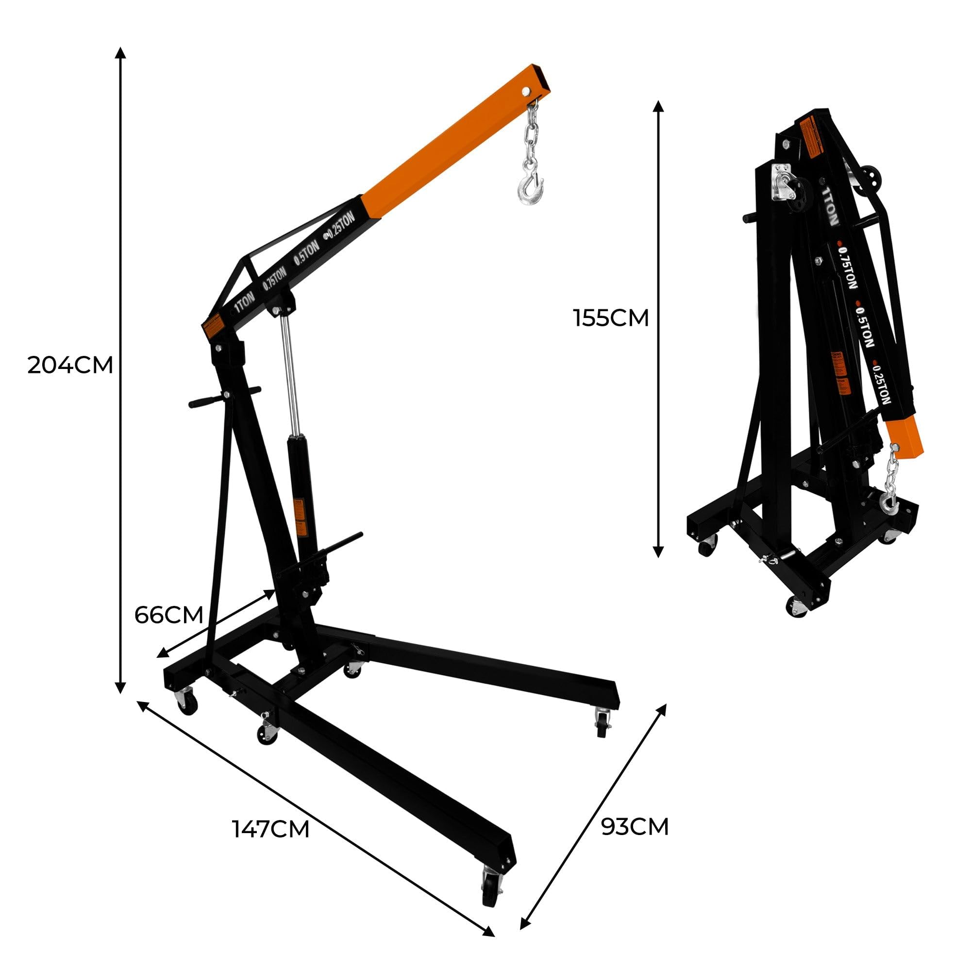 SET Grúa de Motor Capacidad 1 Tonelada + Equilibrador de carga 900kg | Manilla de Bomba Hidráulica | 4 Posiciones de Brazo | Patas Plegables | Ruedas | Mango ajustable p/afinar centro de gravedad