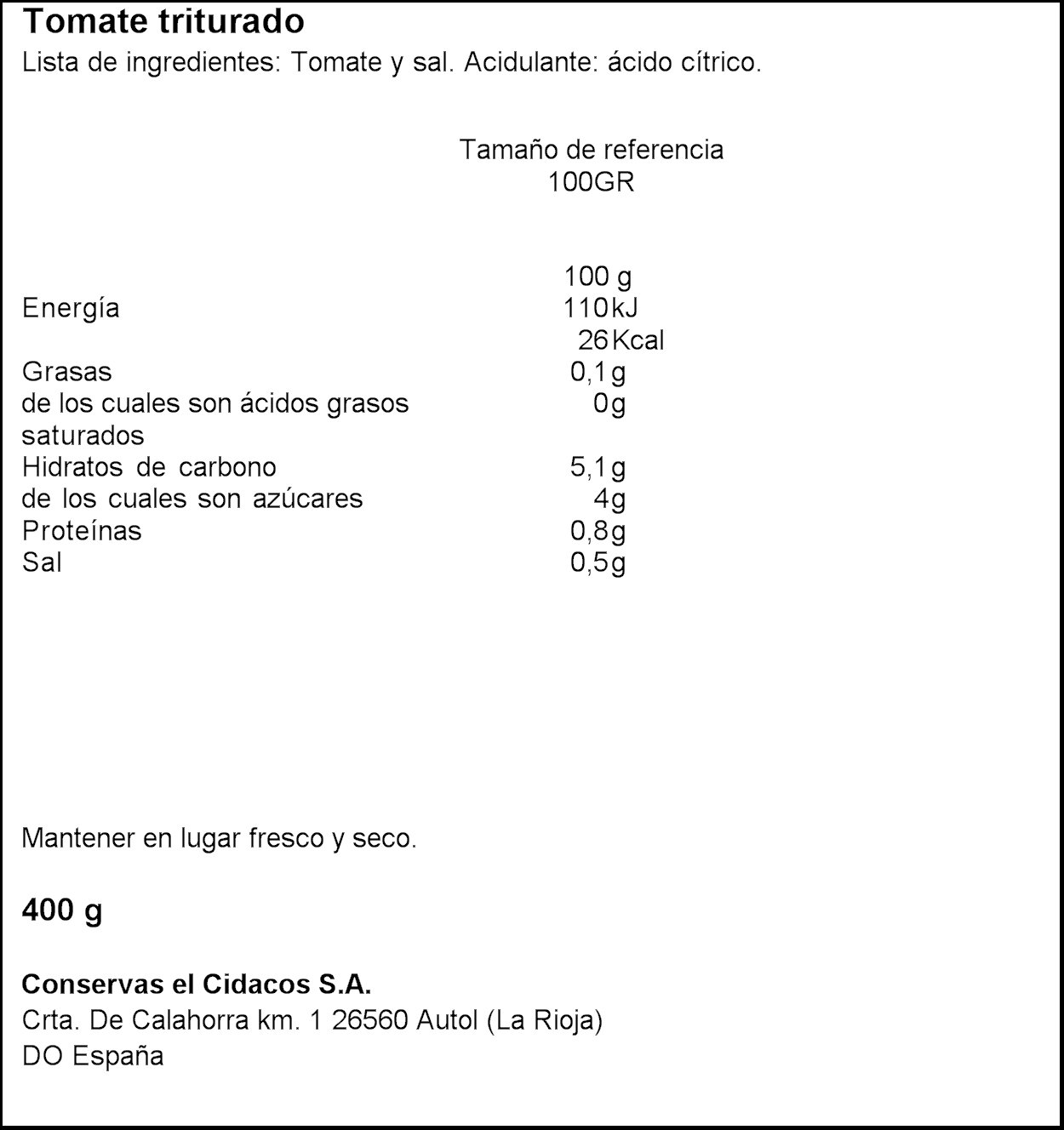 Cidacos Tomate Triturado Extra 400g