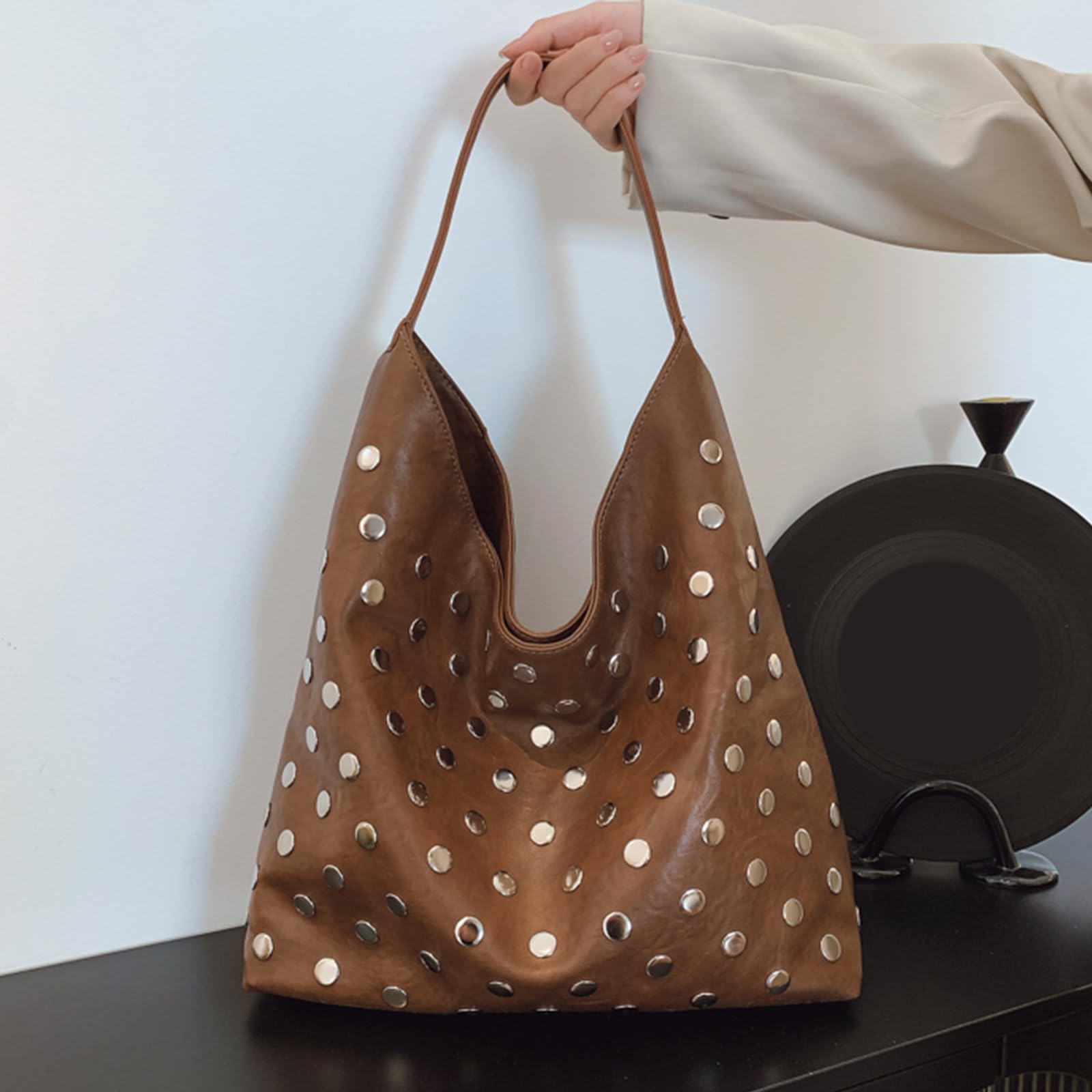 Bolso de mano de piel sintética para mujer con remaches, bolsa de hombro informal de gran capacidad para actividades diarias y salidas, Café 2 unidades, 460x280x220MM, Informal