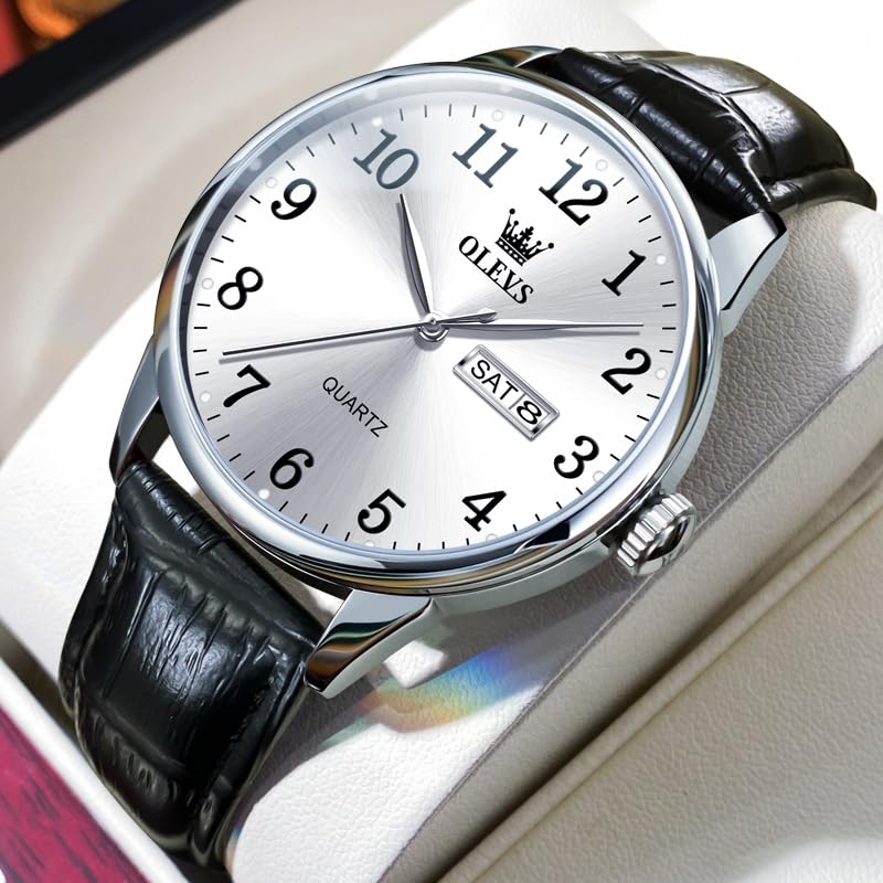 Image of OLEVS Men Watches Dress Waterproof Leather Band Classic Large Face Luxury Watches for Men Casual Fashioned Nice Analog Watch Men Day Date Easy Reader Quartz Original Business Adjustable Watches Men