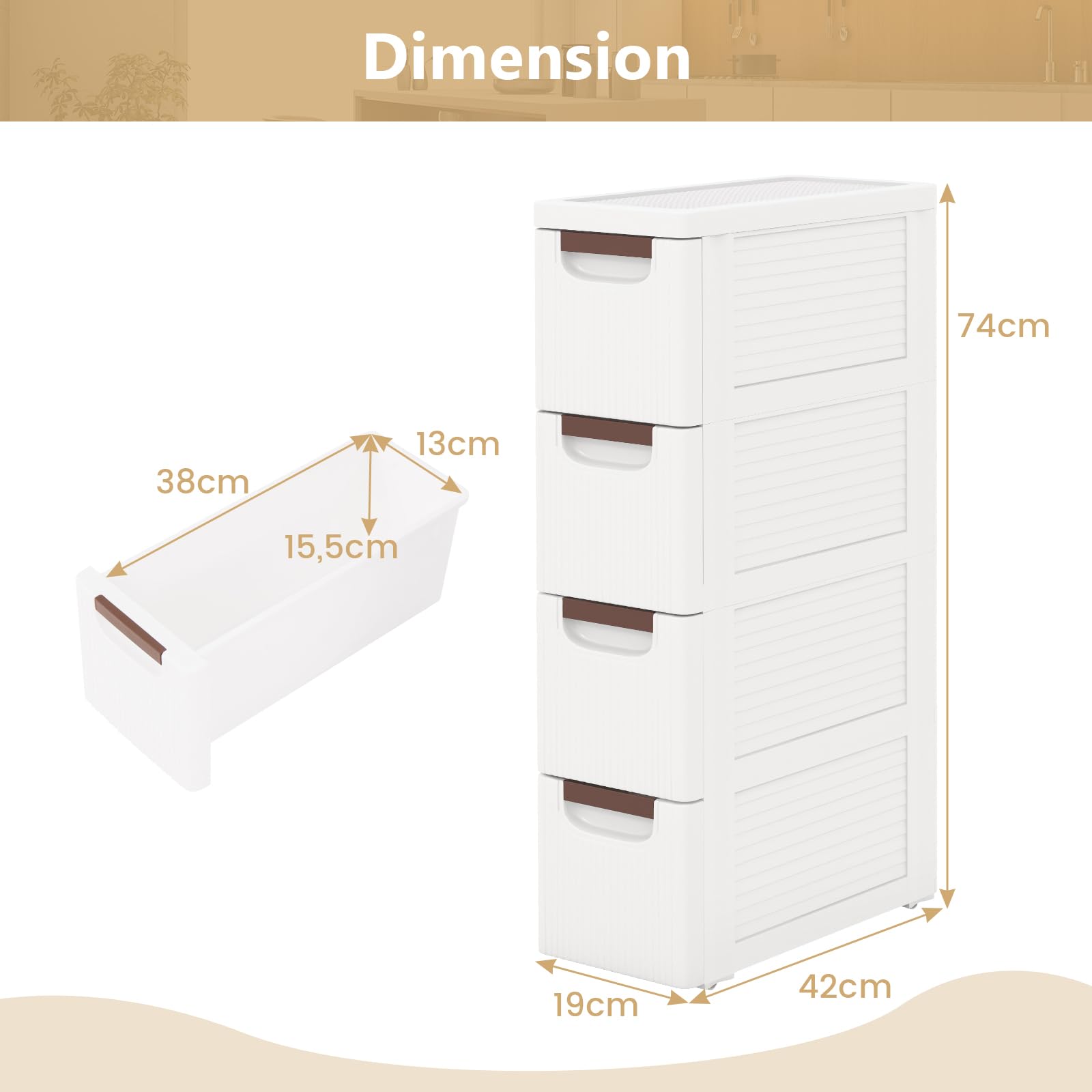GOPLUS Tour de Rangement Étroit à Roulettes Intégrées Amovibles, Colonne de Rangement Salle de Bain en Plastique avec 4 Tiroirs, Gain de Place 19x42x109CM, Salle de Bain, Cuisine, Bureau, Blanc