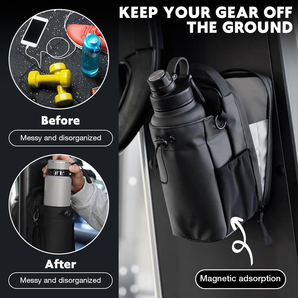 Borsa Magnetica Palestra, Accessori Palestra Portaborraccia con Tasche, Grande Capacità Porta Bottiglie Acqua Portatazze Magnetico per Bottiglia Cellulare Fitness Sport