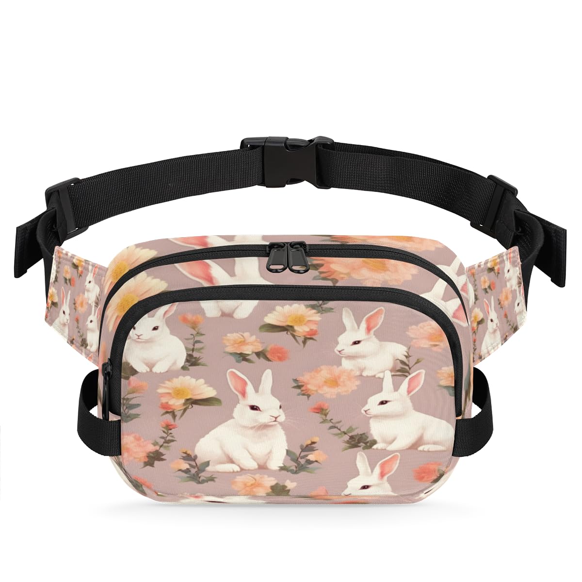 Watercolor Roses Rabbit Waterproof Fanny Pack for Women Men Adjustable Waist Bag with Double Zipper Pockets Lightweight Square Hip Pack for Running Travel Hiking Workout Cycling