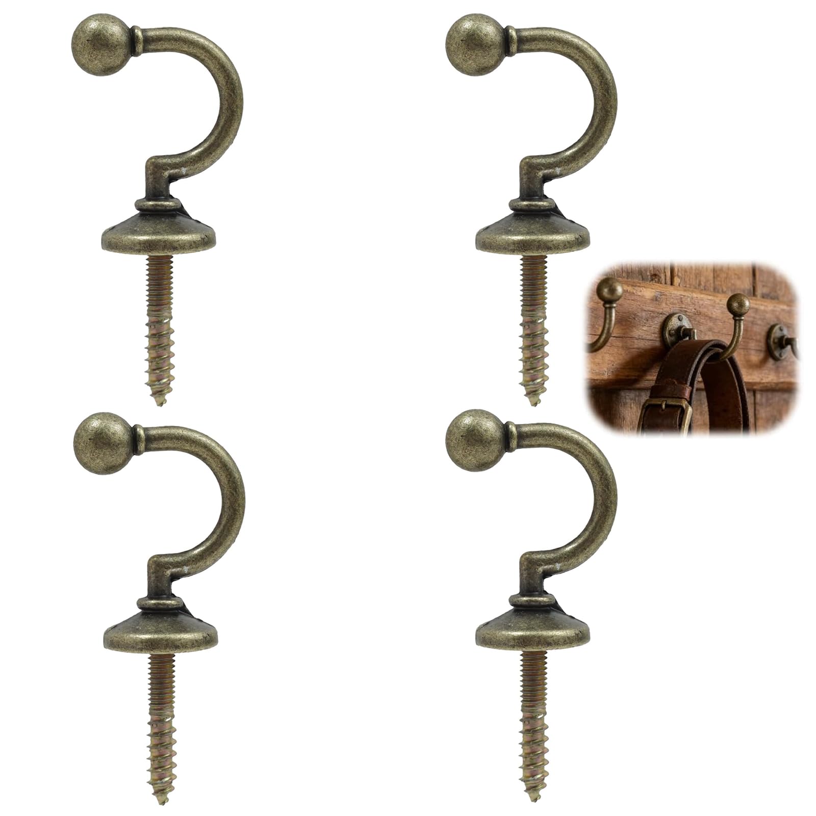 Antique Brass Curtain Tie Back Hooks - Pack of 4 Durable Zinc Alloy Holders with Screws, Stylish Design for Curtains, Clothes, and More
