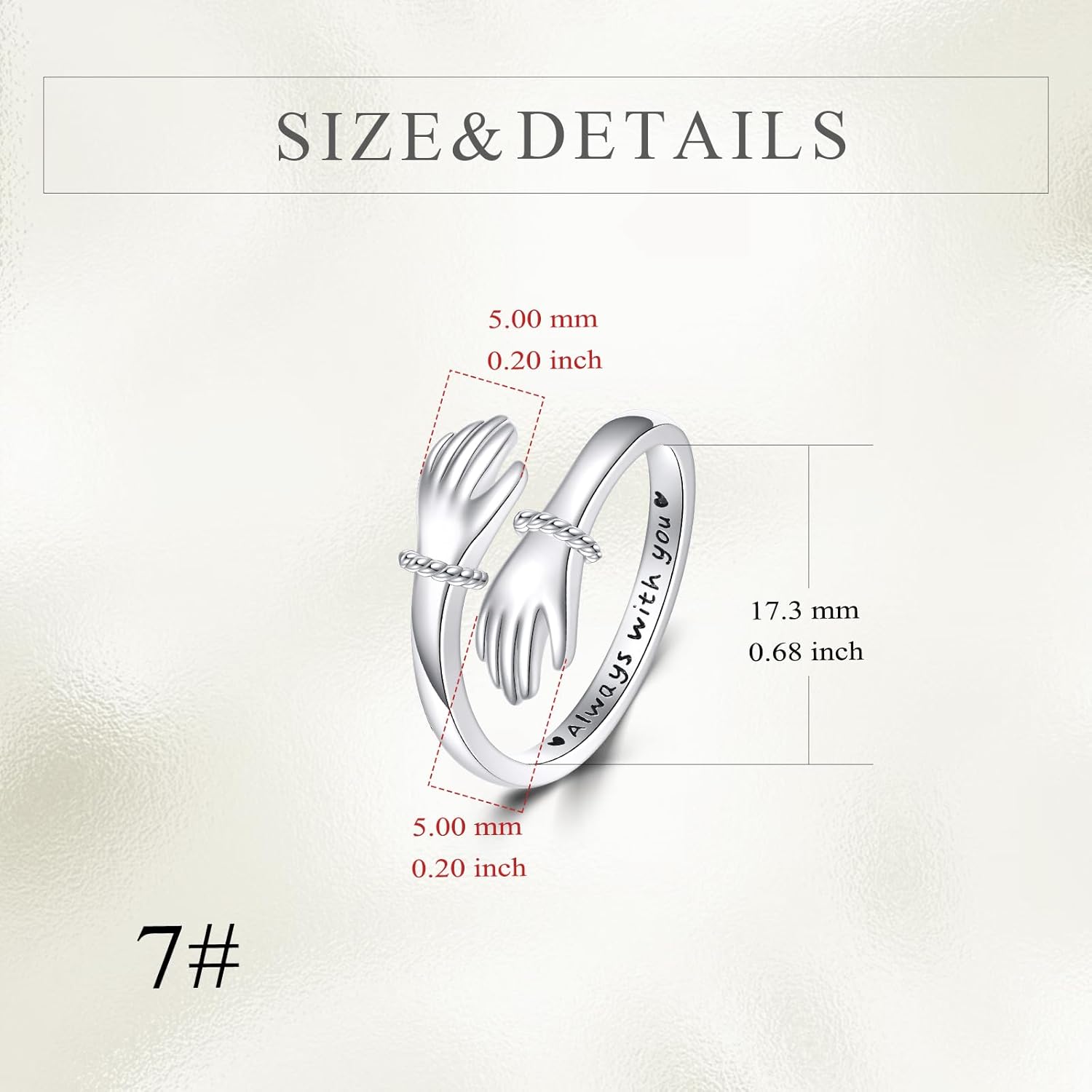 YFN Hug Ring Sterling Silver Always With You Hope Hug Adjustable Size 7 Ring Friendship Jewelry Gifts for Women - Image 5