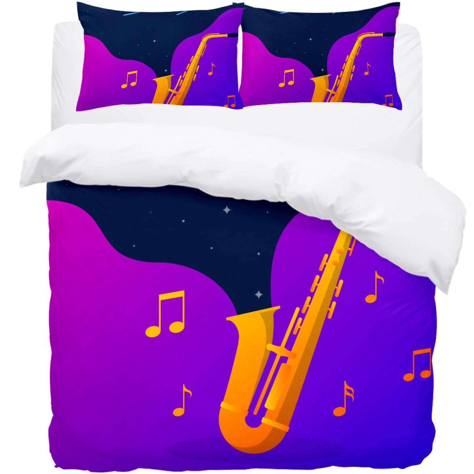 Housse de couette saxophone doré parure de lit douce avec 2 taies d'oreiller microfibre