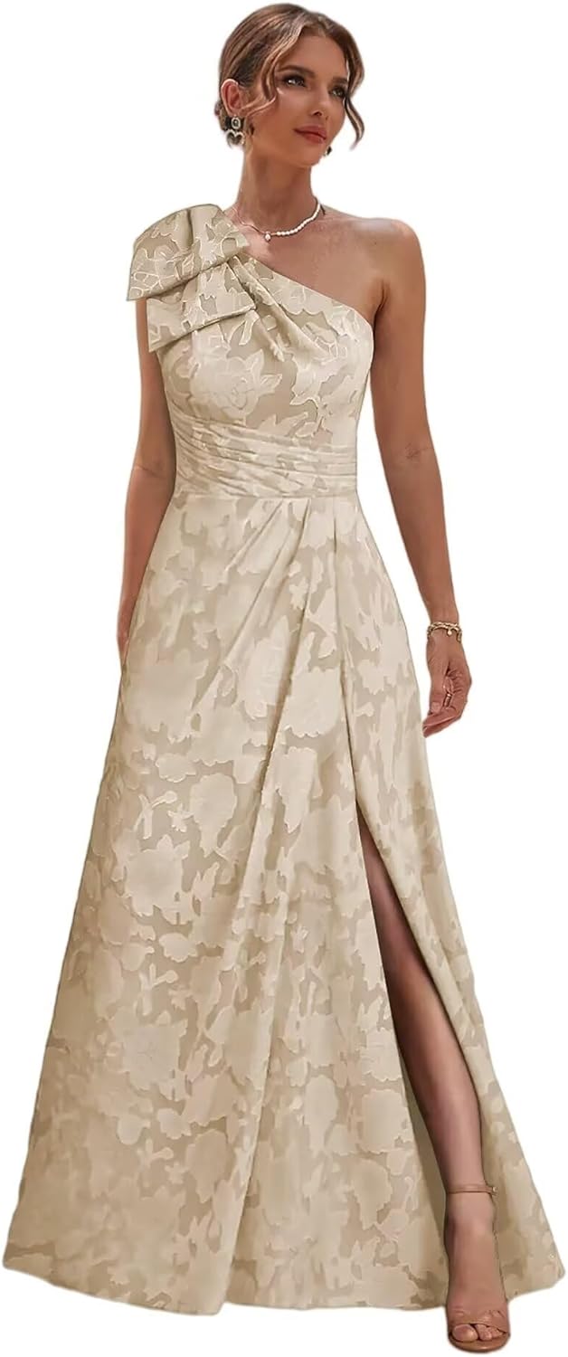 One Shoulder Mother of The Bride Dresses for Women Lace Floral Long Formal Dress with Bow