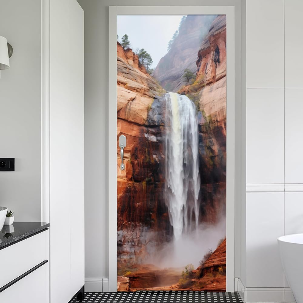 Fykjgs Modern Waterfall Door Stickers for Interior Doors Mountain 3D Door Decals Art Sticker Self Adhesive Door Murals for Bedrooms Living Room Bathroom Home Decor G687?90x200 cm?