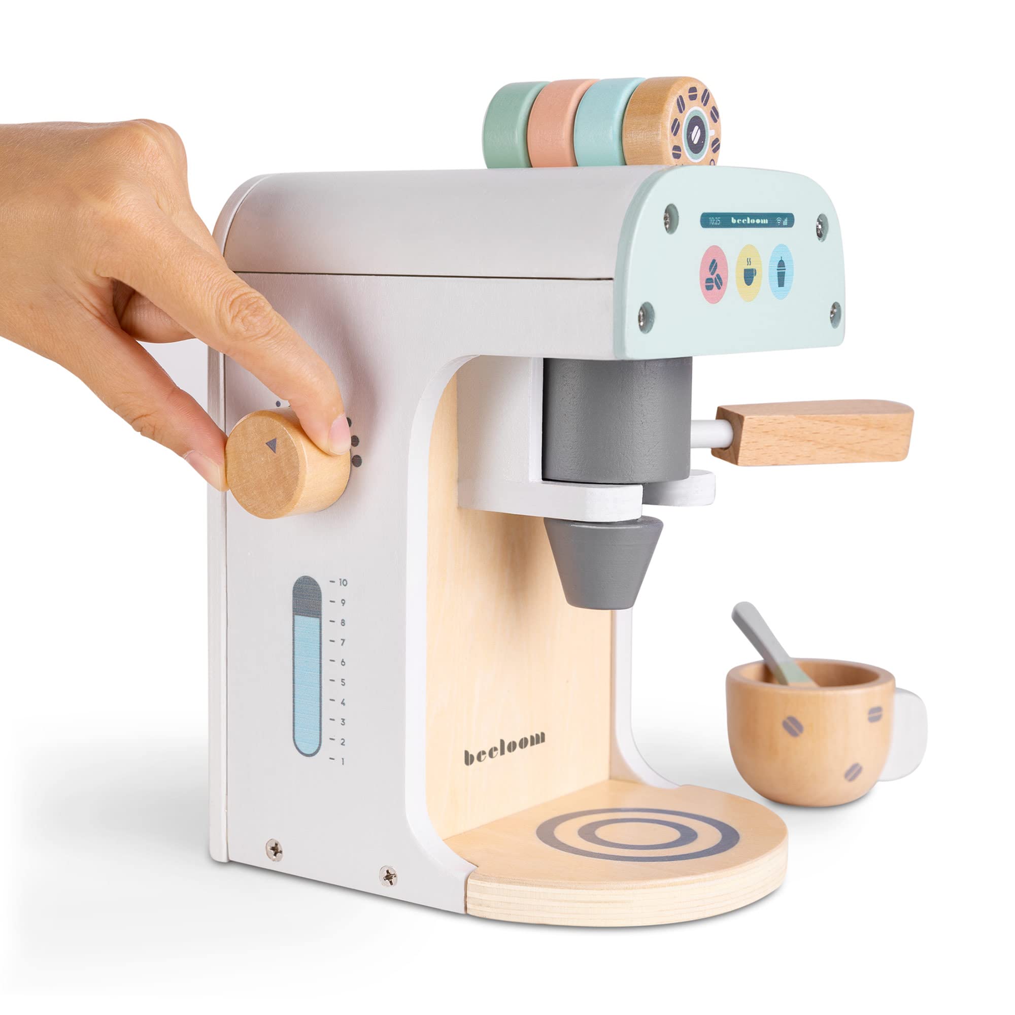 Beeloom - Cafetera de Madera Natural de Juguete Infantil, Lalapresso, Set Juego simbólico para niños y bebés, cápsulas Accesorios