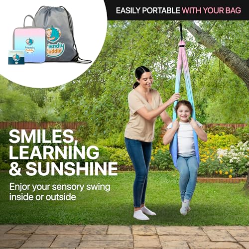 Image of Indoor Sensory Swing for Kids or Outdoor - Holds 300lbs, Double-Layer, & 360 Swivel, Calming Compression Therapy Swing Hammock for Kids & Adults with All Hardware - Sensory-Motor Toys & Gifts