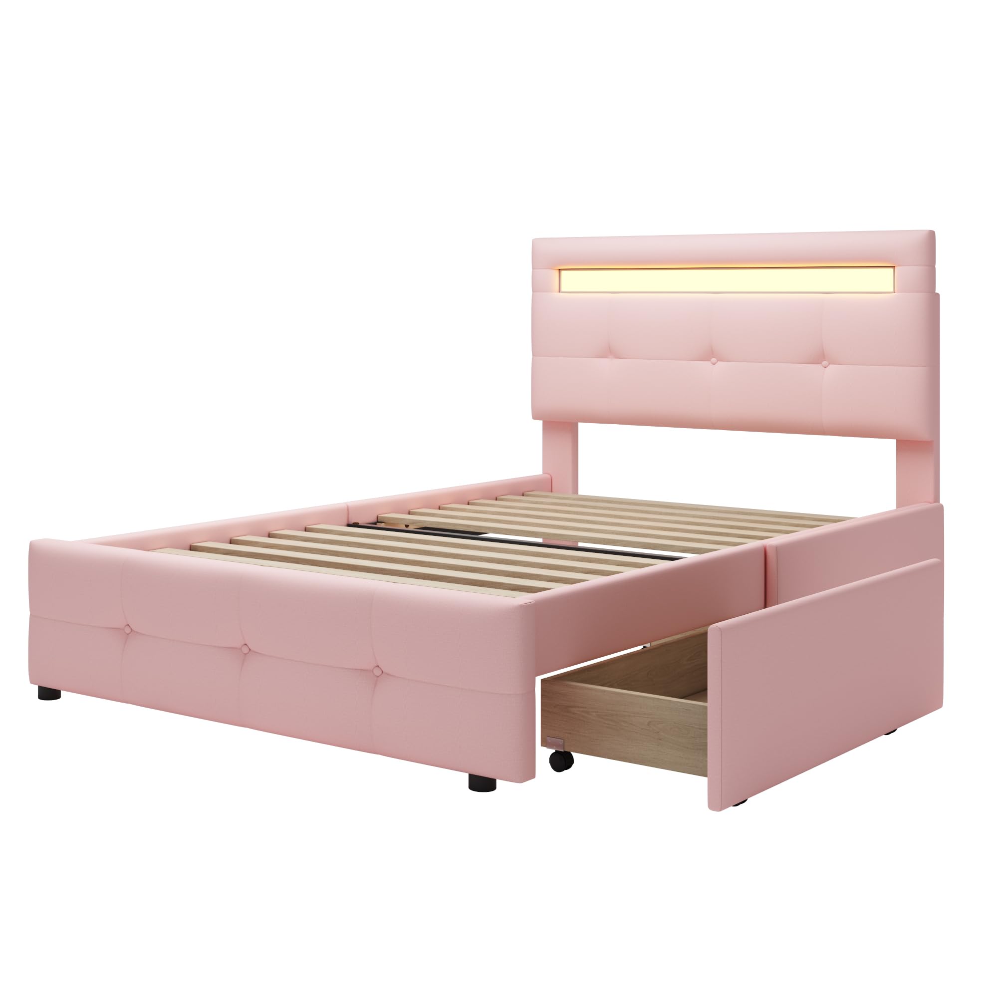 Idemon Letto imbottito 90 x 200 cm con luci a LED, 2 cassetti, imbottitura in lino delicata sulla pelle, letto singolo, letto per ragazzi (rosa)