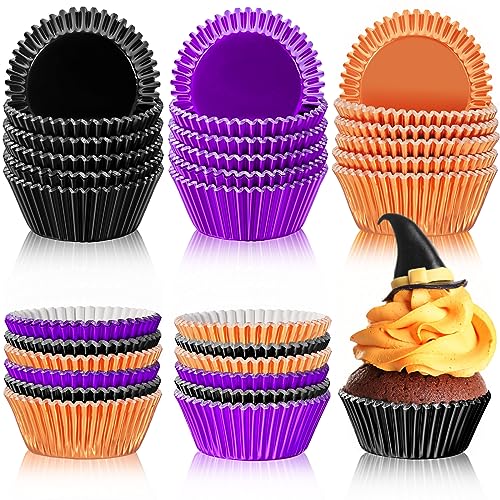 Mumufy 300 Count Foil Cupcake Liners 2 Inch Cupcake Wrappers Paper Bake Cup Set Foil Muffin Liners for Independence Day Christmas Halloween Party Supplies(Black, Purple, Orange)