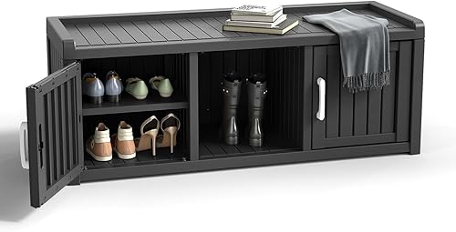 Miniatura 12 de ROJIK Gabinete de zapatos resistente al agua y a los rayos UV, banco de almacenamiento para interior y exterior con estantes ajustables, para Negro