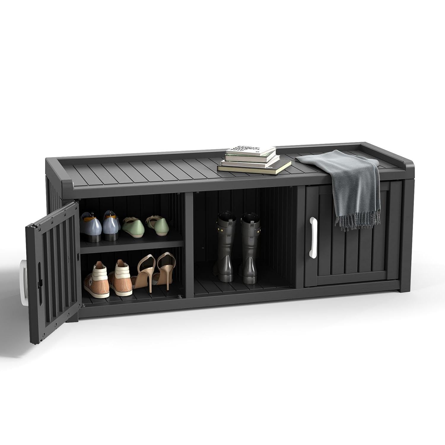 ROJIK Shoe Cabinet Waterproof UV-Resistant,Storage Bench Indoor Outdoor with Adjustable Shelves,for Entryway Bedroom,Hallway,Living Room(2 Door,Black)