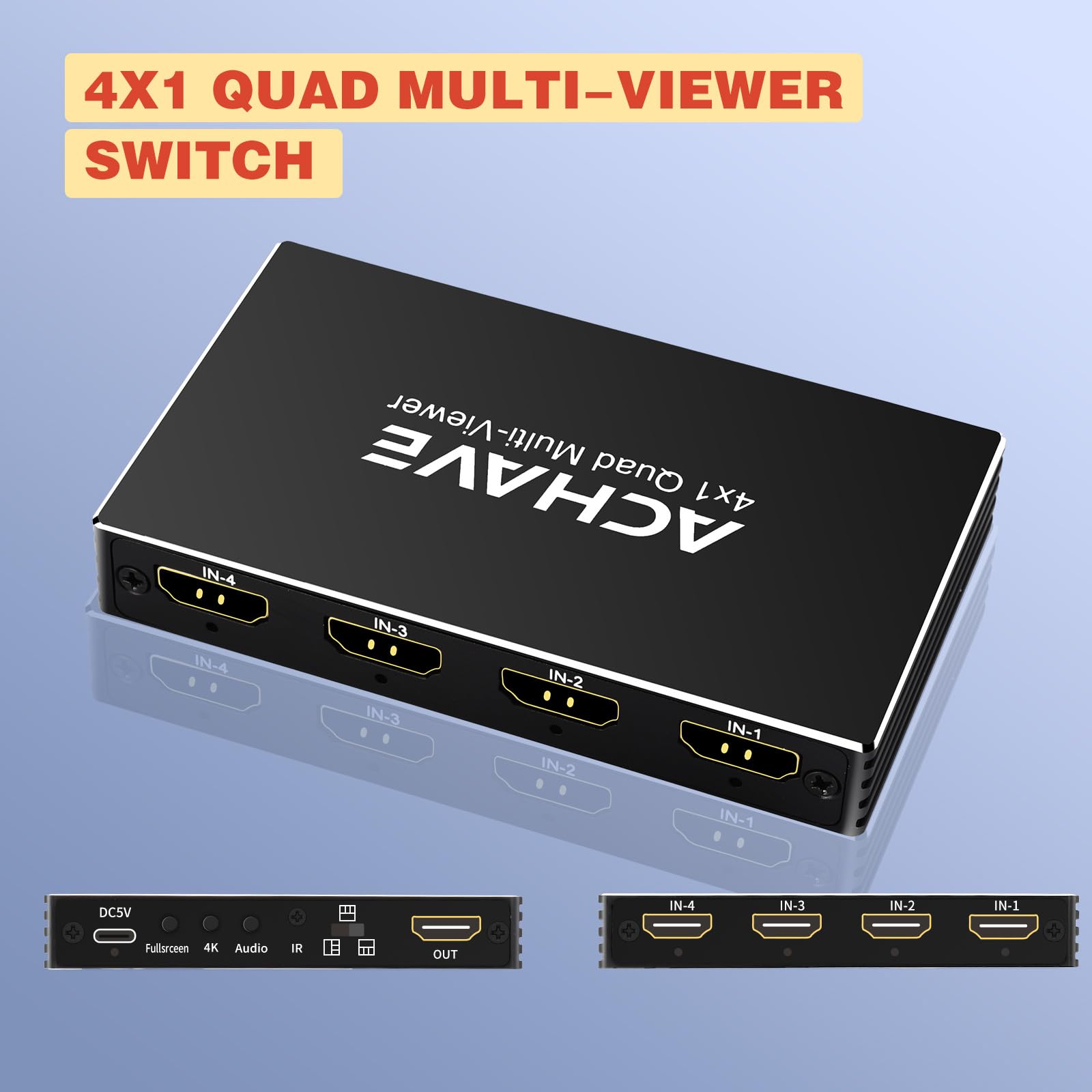 ACHAVE Interruptor multivisor HDMI 4x1, divisor de pantalla cuádruple 4K a 30Hz con 10 modos de visualización, conmutación sin costuras, control remoto IR, compatible con laptop, Xbox, TV Box