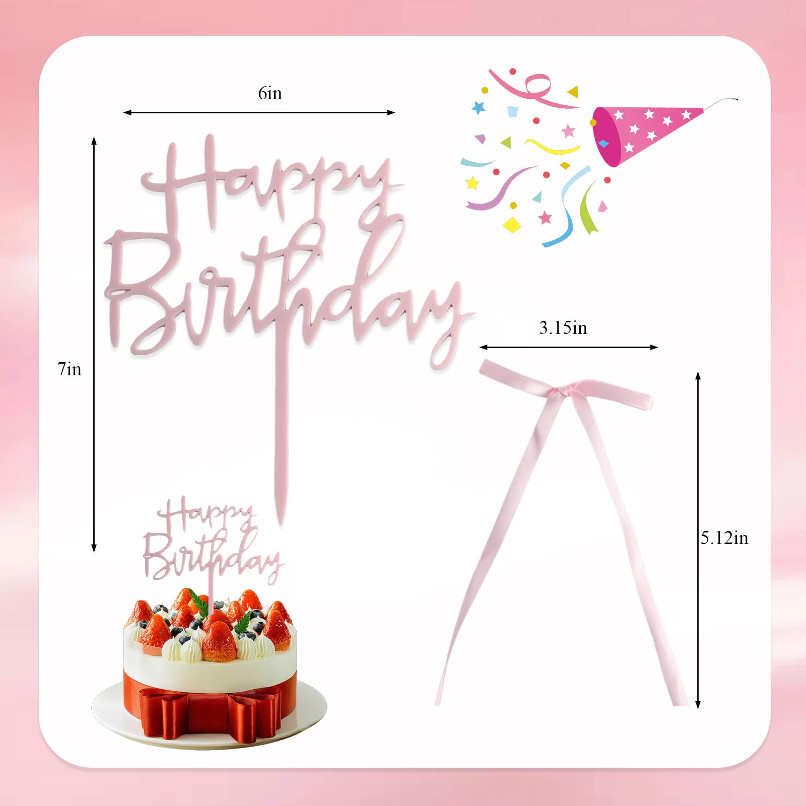 Lot de 10 décorations de cupcakes en forme de nœud rose avec 1 panneau rose « Happy Birthday » - Décorations de fête à thème pour gâteau de mariage, dessert pour mariage, fête d'anniversaire