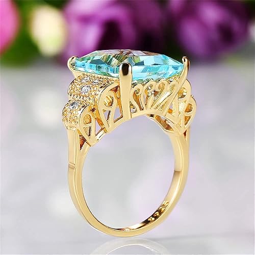 Miniatura 3 de Anillo de piedra de nacimiento de aguamarina azul de corte cuadrado perfecto chapado en oro amarillo de 18 quilates con circonita cúbica AAA, anillo