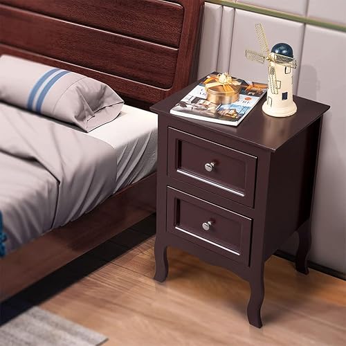 Miniatura 2 de Juego de 2 mesitas de noche con 2 cajones, mesitas de noche de estilo rústico de dos niveles, muebles de noche y mesa auxiliar decorativa para