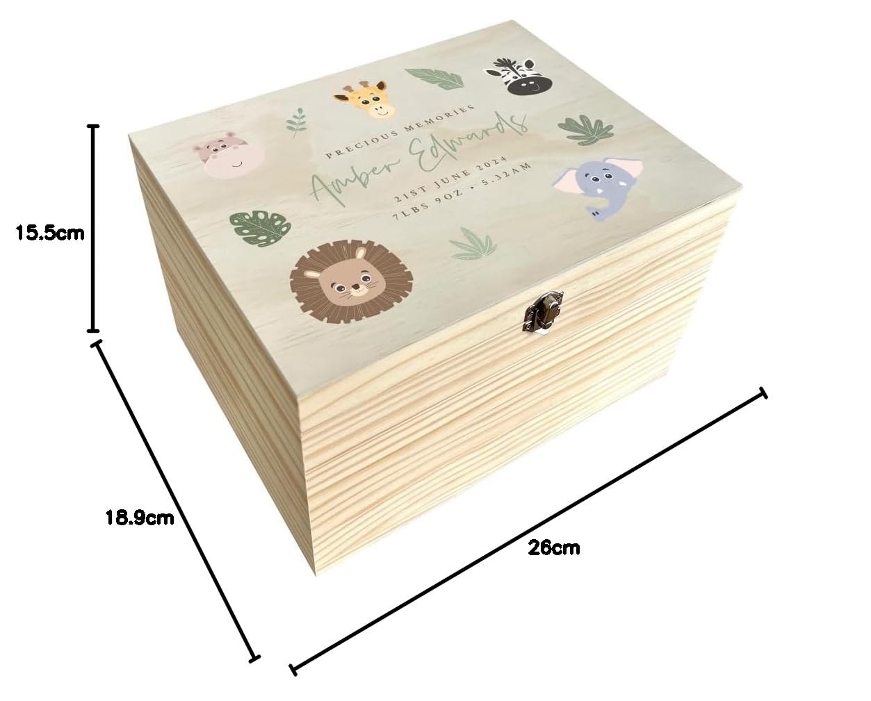 Scatola dei ricordi personalizzata con animali della giungla, scatola regalo First Memories per neonati, nome e data personalizzati, in legno di pino con cerniere e chiusura in metallo, 26 x 18,9 x