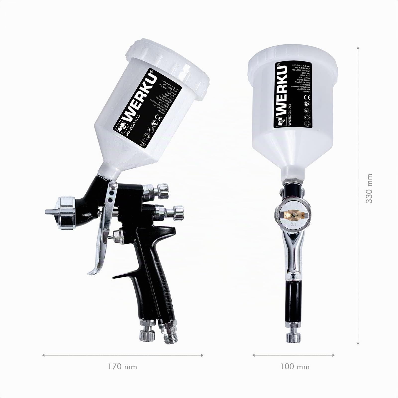 Werku WK500470, Pistola Pintar Gravedad Neumática, Calidad Profesional, Boquillas 1.3-1.5 mm, Depósito 600 ml, Sistema HVLP-III, Especial Barnices, Esmaltes, Viscosidades Bajas/Medias