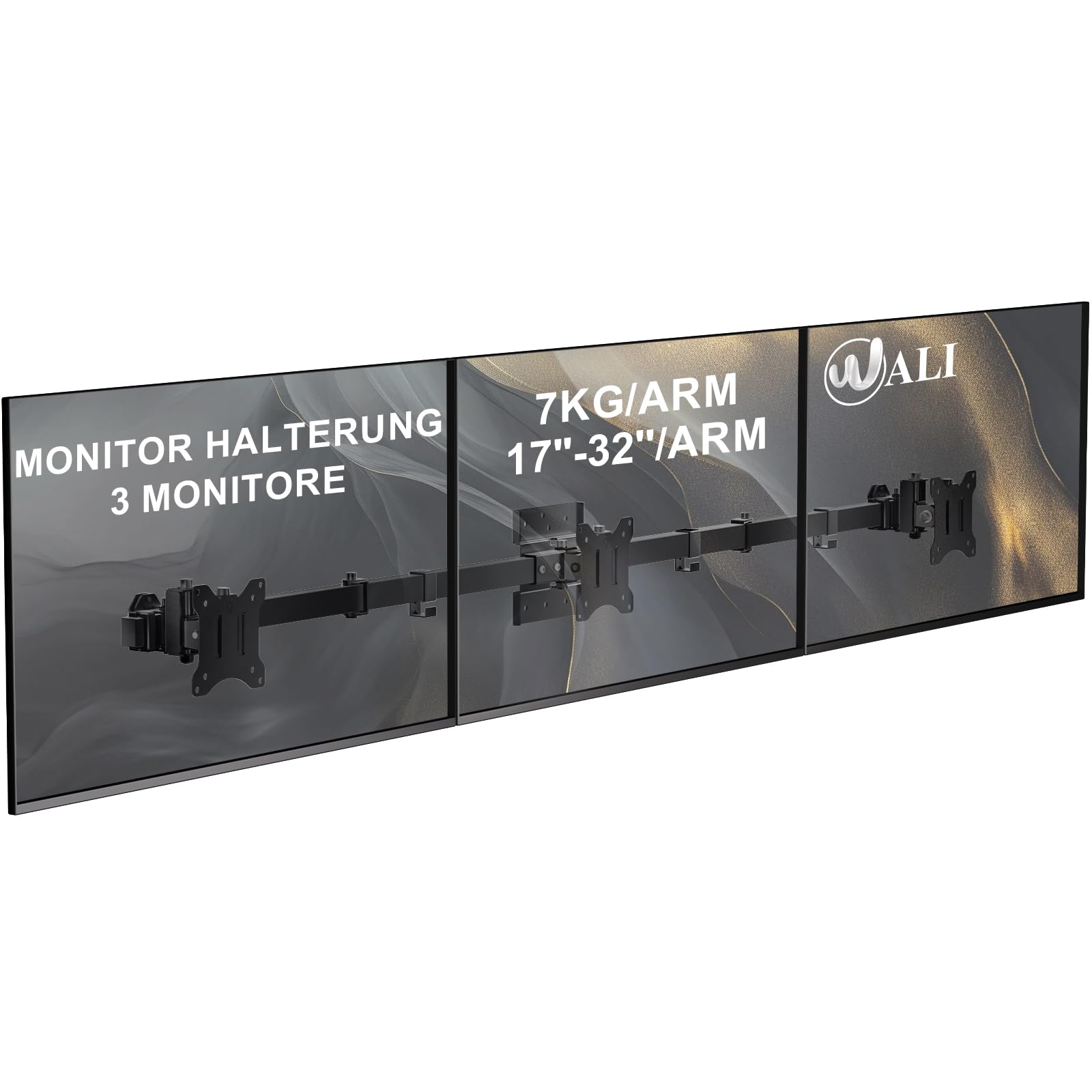WALI Monitor Halterung 3 Monitore - für 17 bis 32 Zoll Bildschirme,Monitorarm 3 Monitore,Schwenkbar, Neigbar,Wandhalterung mit VESA 75x75/100x100mm,pro Arm bis 7,0 kg (013ARM),Schwarz