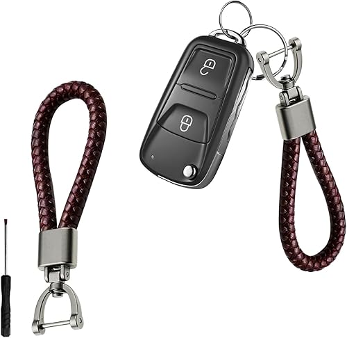 Llavero de cuero de microfibra trenzada para automóvil, cuerda tejida de metal con anillo en D giratorio de 360 grados y destornillador, correa