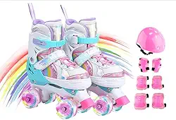 Patins 4 Rodas Infantil Arco-Íris com Kit de Proteção, Ajustável, Rodas de Poliuretano, Cadarço e Velcro, Unisex, com Proteções