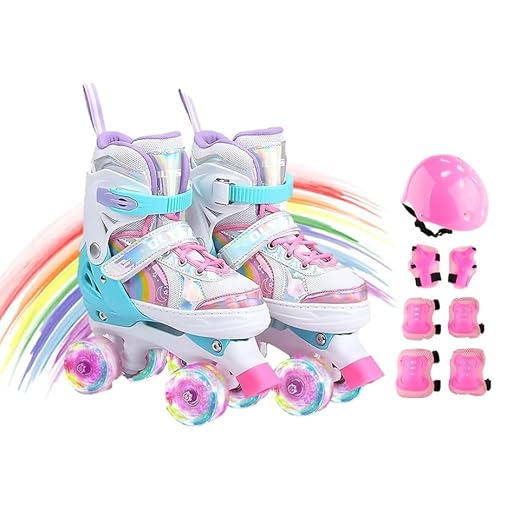 Patins 4 Rodas Roller Tamanho Ajustavel Com Kit de Proteção Lindo Arco-iris (M - 32 a 35)