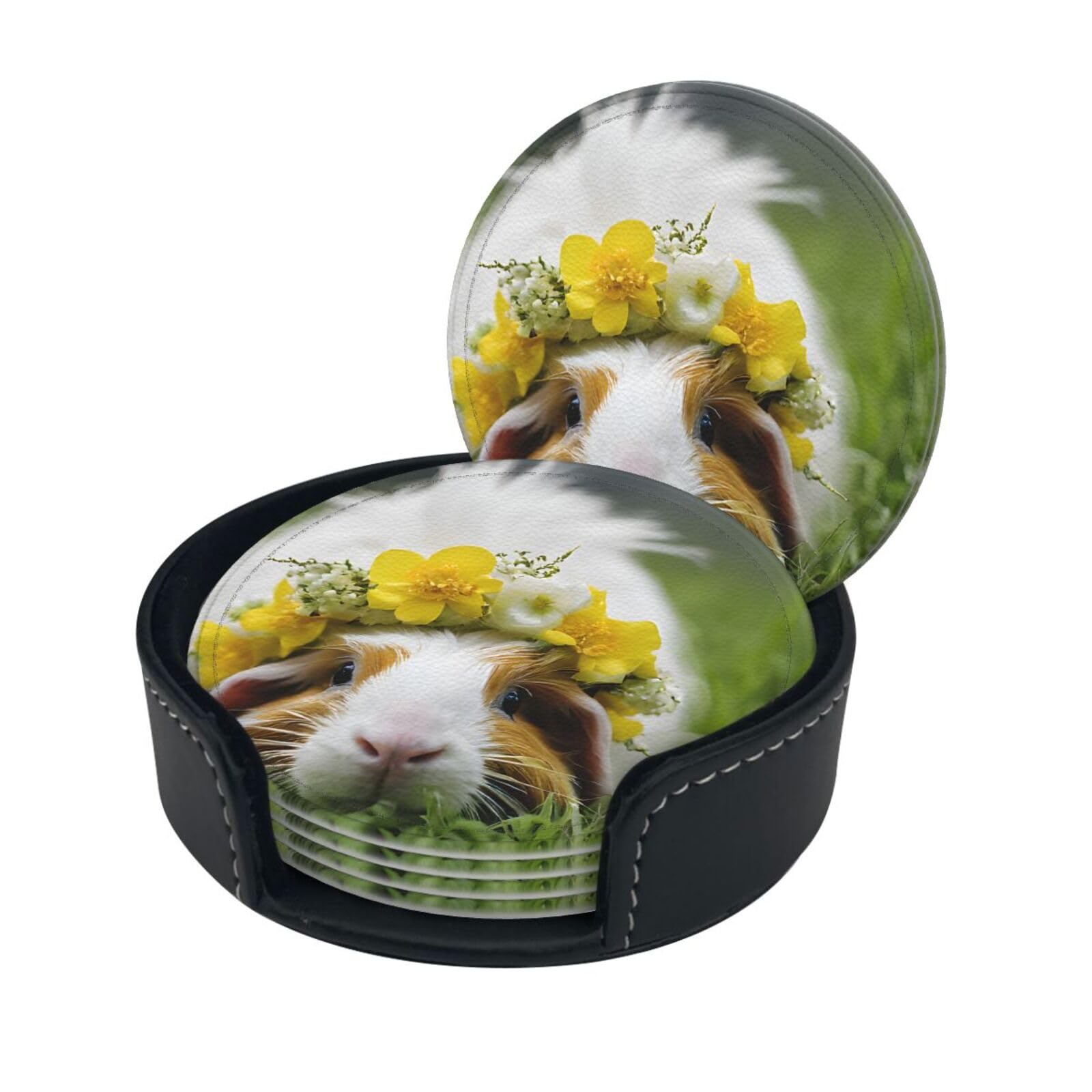 Guinea Pig Print Coaster,Round Leather Coasters with Storage Box for Wine Mugs,Cold Drinks and Cups Tabletop Protection (6 Piece)